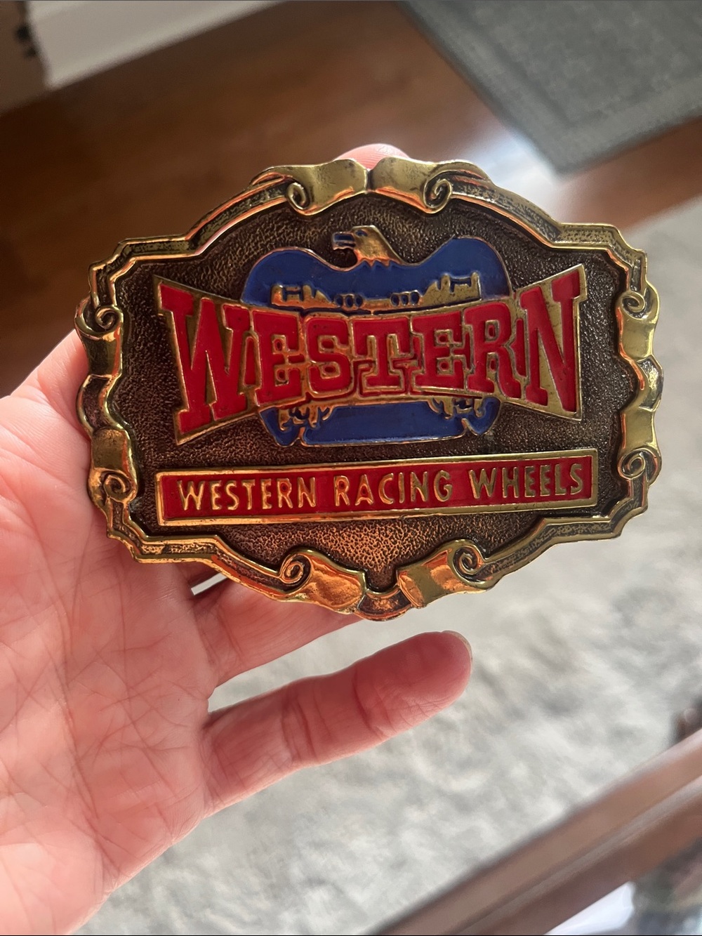 Western Racing Wheels Belt Buckle - Red & Blue Accent